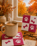 Red Paw Print & Bone Patchwork Mug Rug Coaster Set of 2