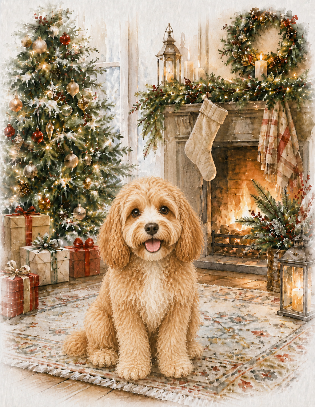 Cockapoo Christmas Notecard – Cozy Fireside Watercolor Design | Single or Multi-Pack