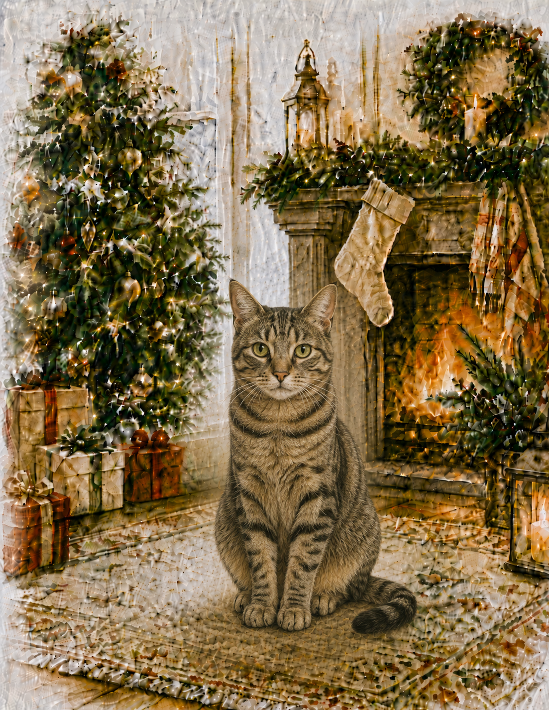 Domestic Shorthair Tabby Christmas Notecard – Cozy Fireside Watercolor Design | Single or Multi-Pack