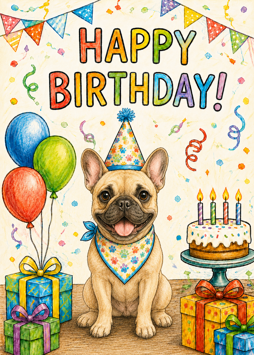 French Bulldog Birthday Card – Cute Dog Birthday Notecard, Blank Inside