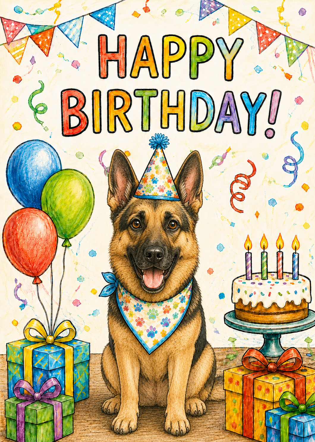 German Shepherd Birthday Card – Cute Dog Birthday Notecard, Blank Inside