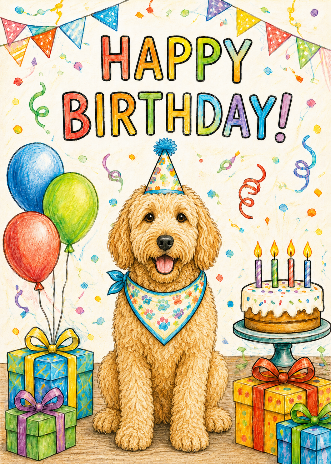 Goldendoodle Birthday Card – Cute Dog Birthday Notecard, Blank Inside