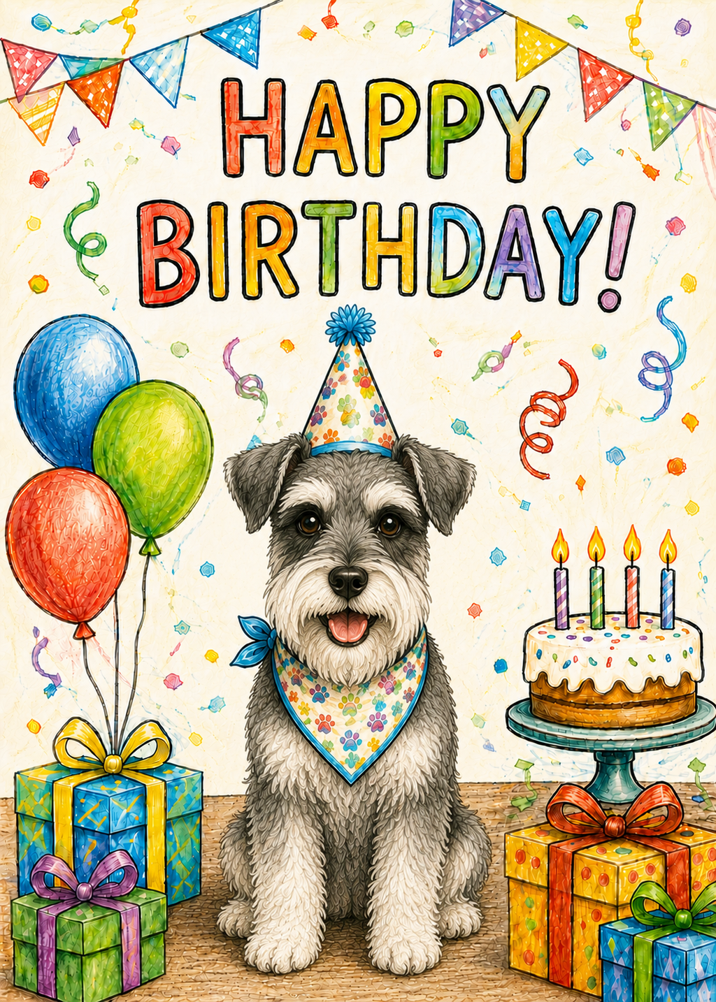 Miniature Schnauzer Birthday Card – Cute Dog Birthday Notecard, Blank Inside
