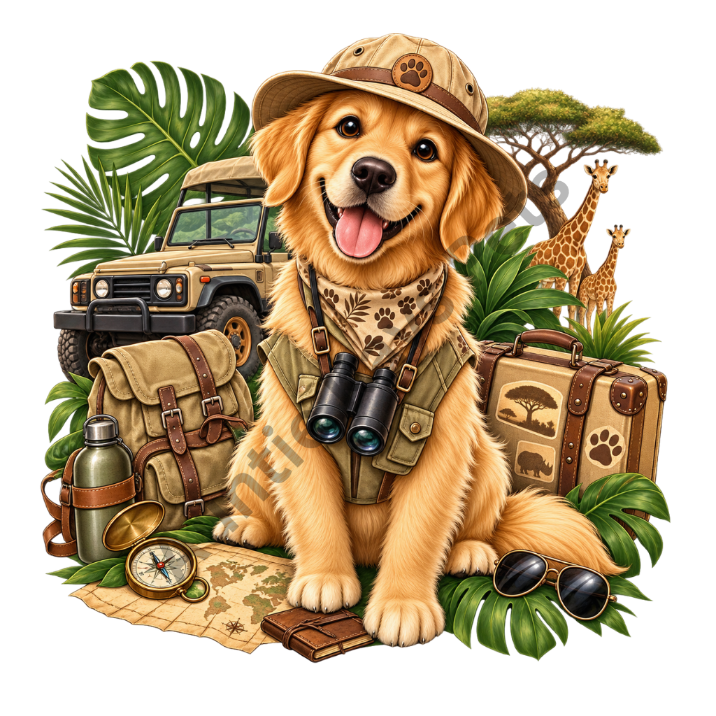Golden Retriever Safari PNG, Adventure Dog Clipart, Travel Puppy Sublimation, Dog Lover Digital Download, Commercial Use