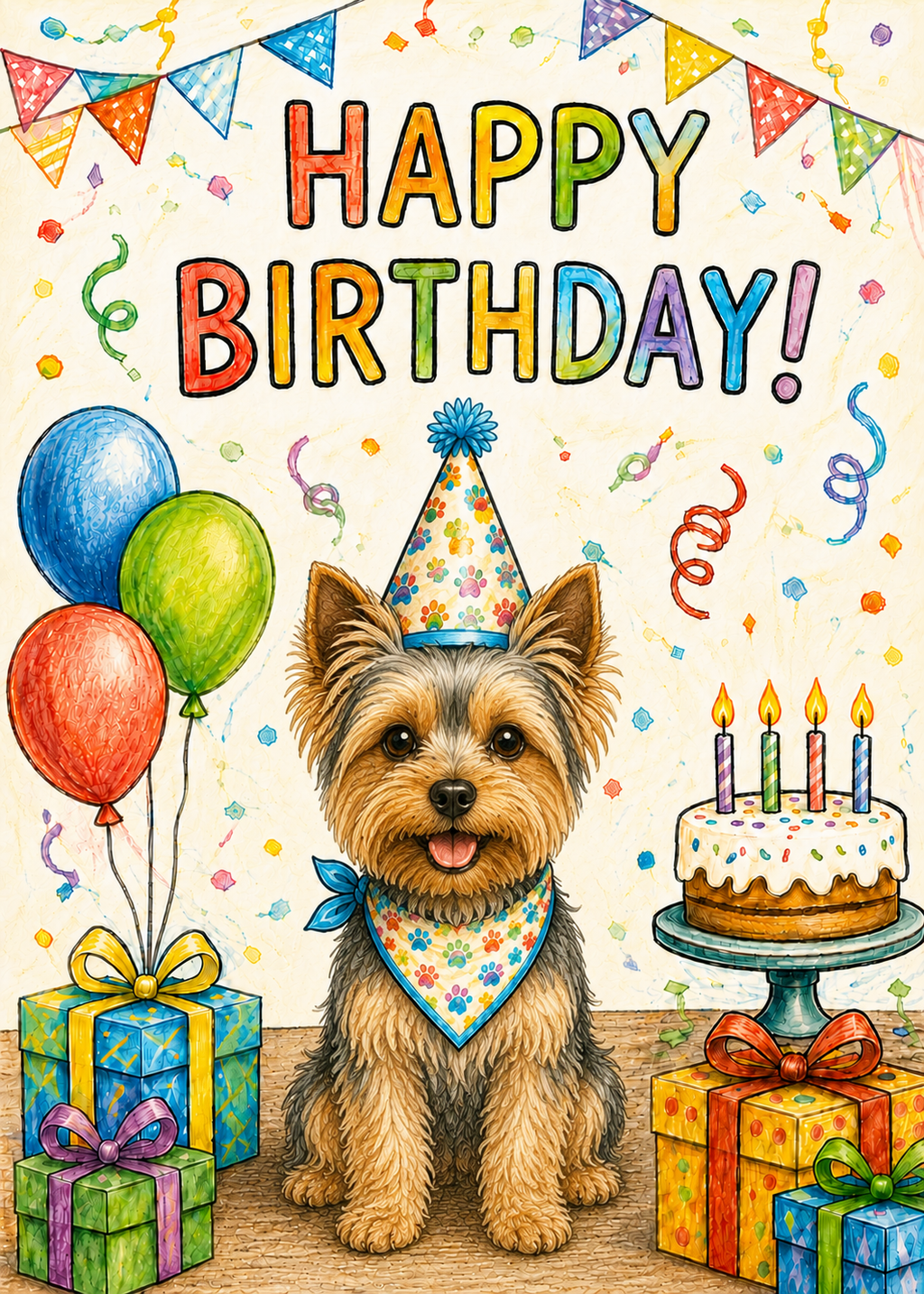 Yorkie Birthday Card – Cute Dog Birthday Notecard, Blank Inside
