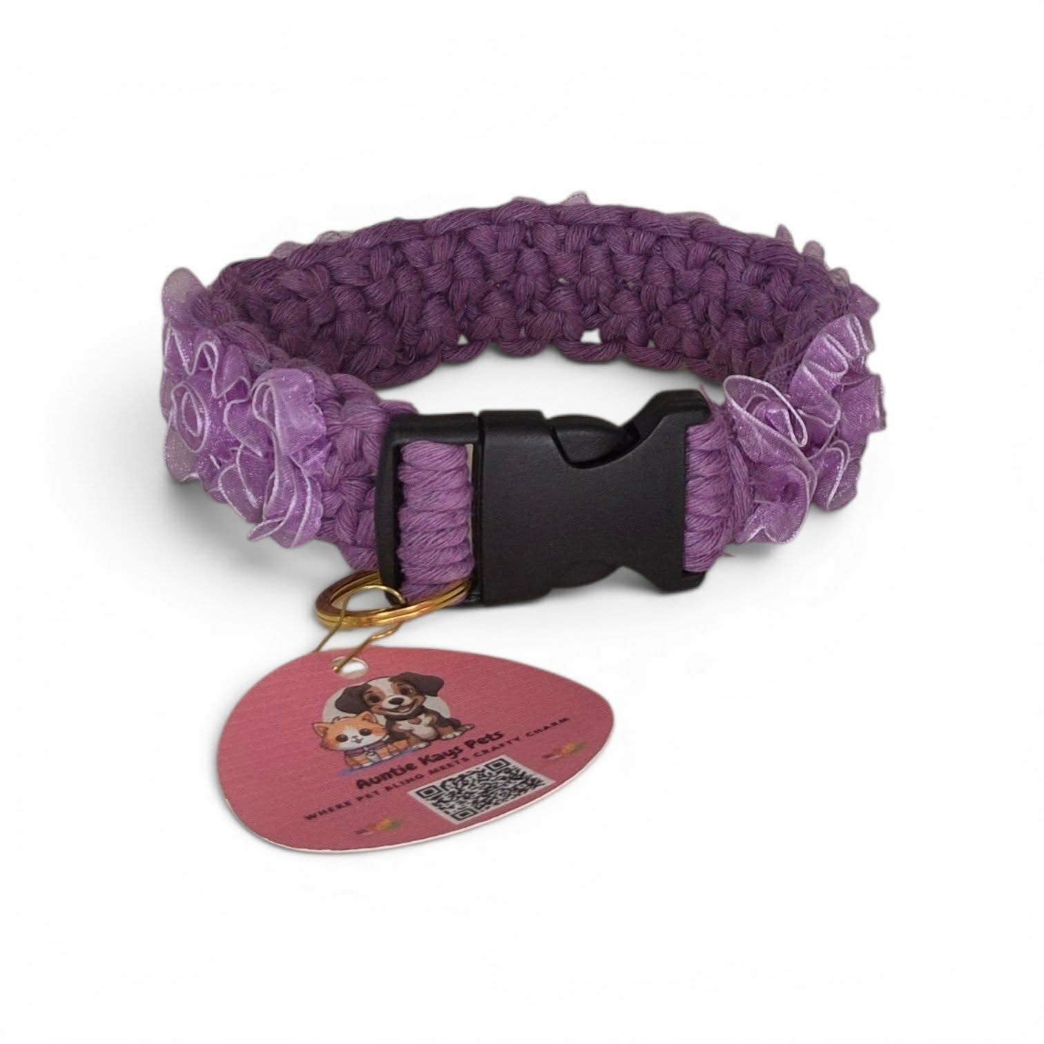 ONE-OF-A-KIND Handmade Macrame Pet Collar – Purple with Lavender Organza Flowers | Fixed 13.5", Only 1 Available