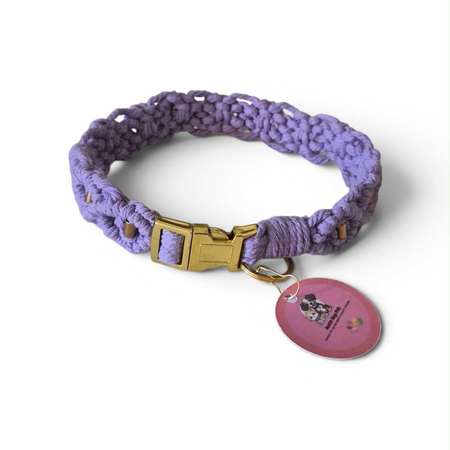 Lavender Macrame Dog Collar with Gold Hardware – 16.5 Inch